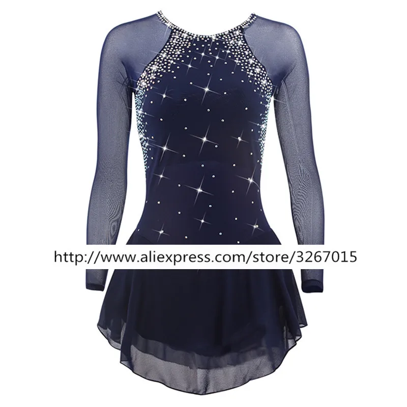 Figure Skating Dress Women's Girls' Ice Skating Dress Dark Navy Red Shiny rhinestone Elastic mesh fabric Long sleeve Figure Skating Dress Women's Girls' Ice Skating Dress Dark Navy Red Shiny rhinestone Elastic mesh fabric Long sleeve