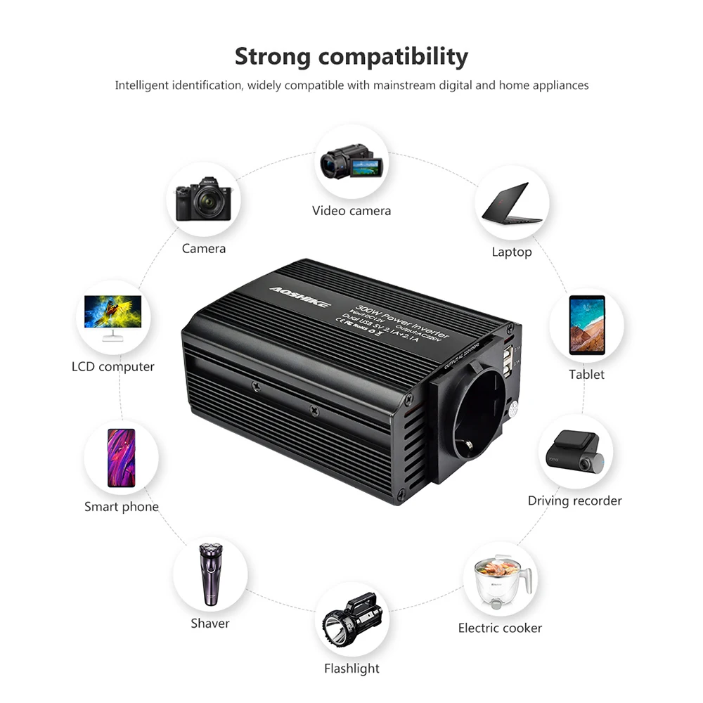 AOSHIKE двойной USB 4.2A автомобильный инвертор 12v 220v 300W авто Инвертор напряжения 12V до