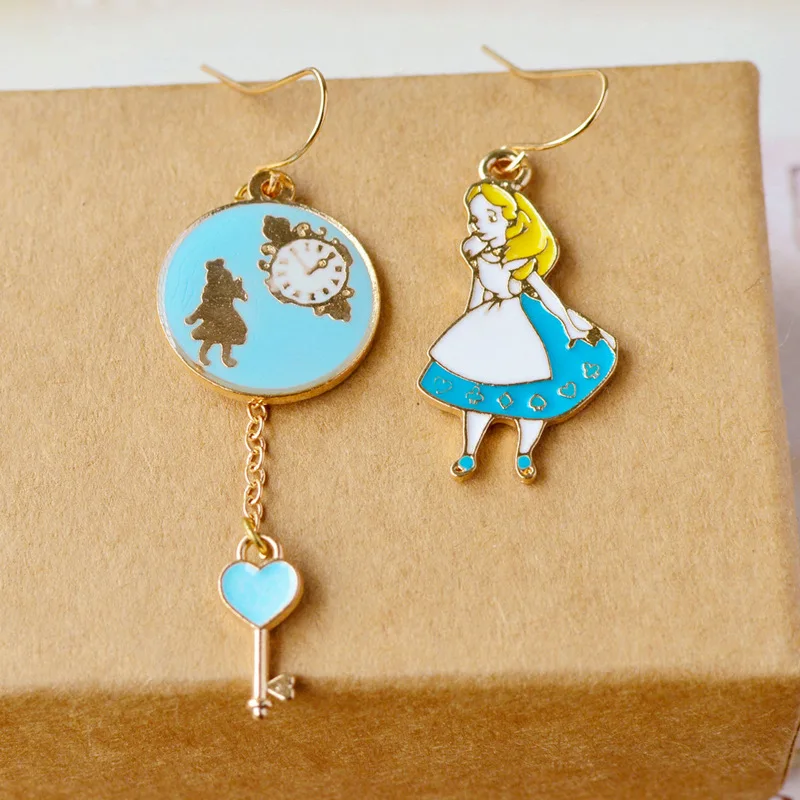 

New Asymmetric Retro Gold Enamel Alice in Wonderland Jewelry Earrings for Women Clock Key Link Long Line Earrings Love Gifts