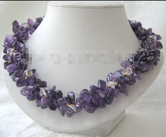 

DD Wholesale FREE SHIPPING >>>> Beautiful 3row 20" 100% natural amethyst and white crystal necklace - GP clasp