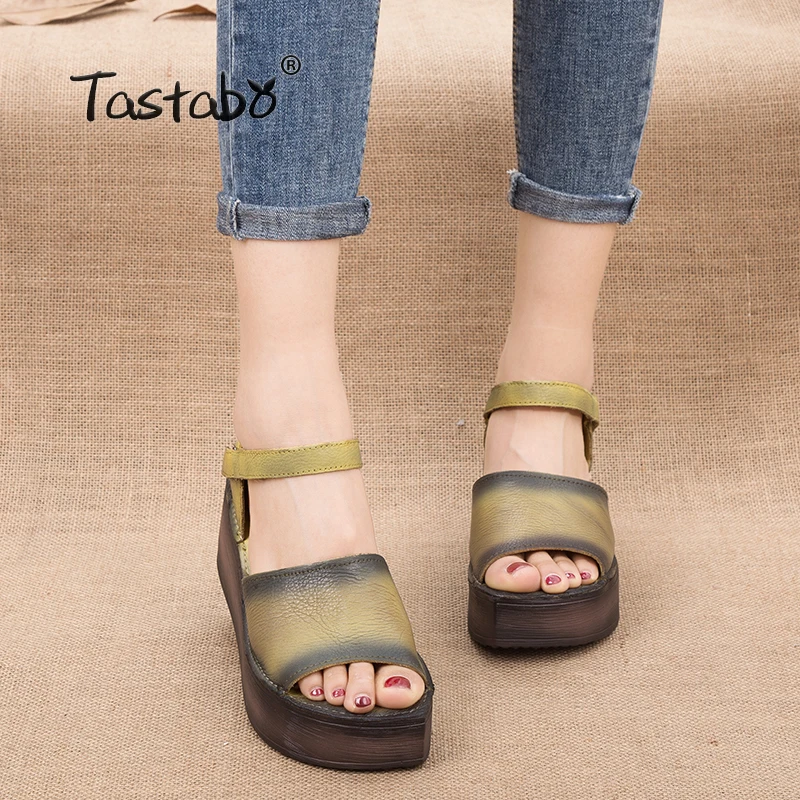 

Tastabo Pumps Genuine Leather Gladiator Women Sandals High Heels Ladies Shoes 2018 Summer Sandals Platform Wedges for Women