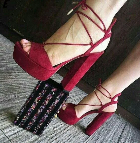 

Woman Solid Burgundy Suede Chunky Heels Peep Toe Cross Lace Up Sandals Fashion Cut Out Platform Block Heeled High Heel Sandals