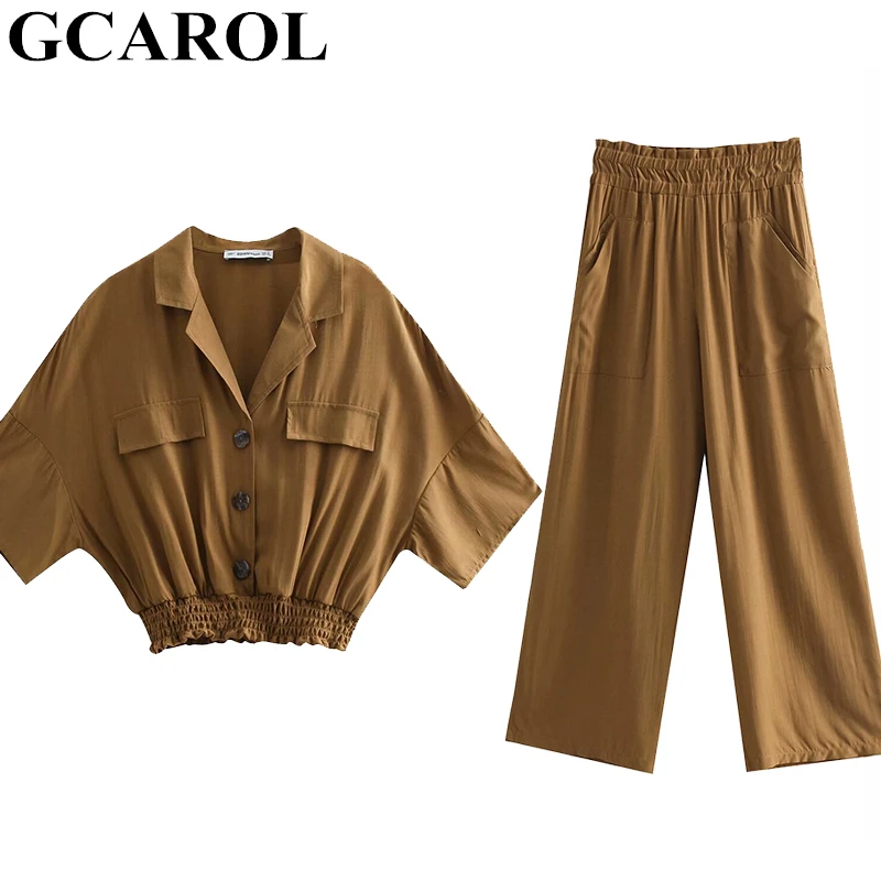 

GCAROL Spring Summer Women 2 Pieces Sets Cropped Top And Ankle Length Pants Drape Tencel Two Pieces Blouse And Trousers