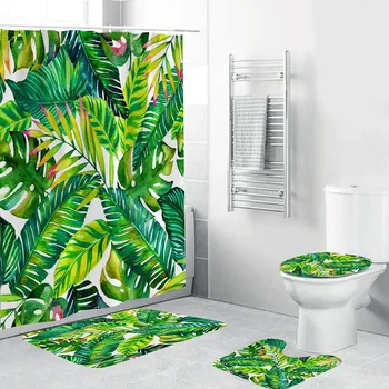 

4pcs Non Slip Toilet Polyester Cover Mat Set Bathroom Toilet Carpet Floor Rugs Foot Doormat Shower Curtain 2020 Hot Sale