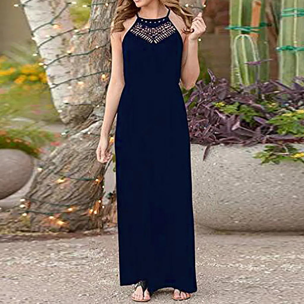 

Fashion Summer Bridesmaid Solid Long Dress Hollow Out Sundress Women's Sleeveless Casual Holliday Party Dress Vestido de festa