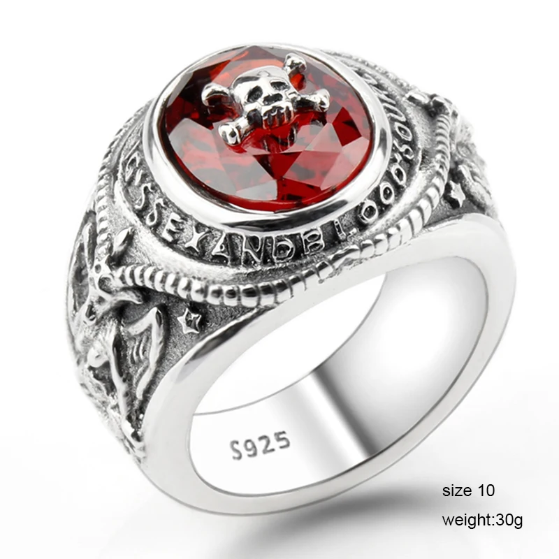 Настоящее 925 пробы Серебряное 30 г кольцо с черепом старый дизайн скелет Красный Циркон Панк Байкер для мистических мужчин тяжелые ювелирные изделия