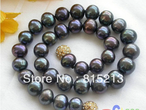 

N733 HUGE REAL 17" 13mm ROUND peacock black PEARL NECKLACE % Discount AAA