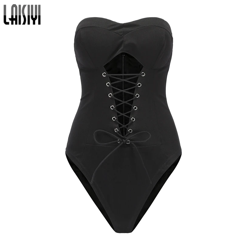 LAISIYI Lace Up Strapless Sexy Bodysuits Women Off Shoulder Slim