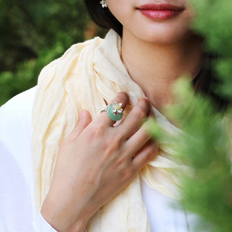 Lotus Fun Solid 925 Sterling Silver Rings for Women Round Green Chalcedony Flower Finger Ring Resizable Band Fashion Jewelry