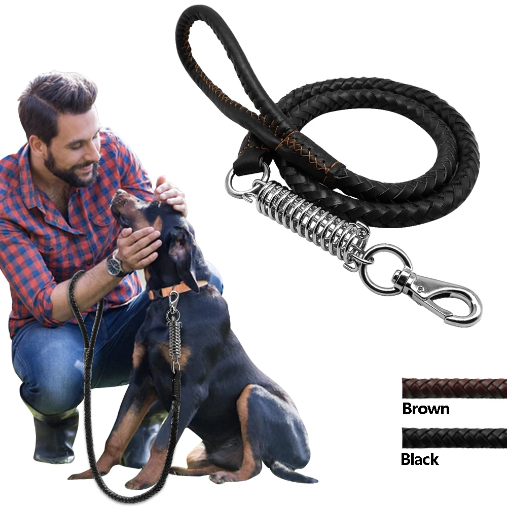 

Leather Dog Leash Braided Pet Training Leather Lead Belt 3ft 4ft Long 0.6" Wide for Medium Large Dogs With Spring Black