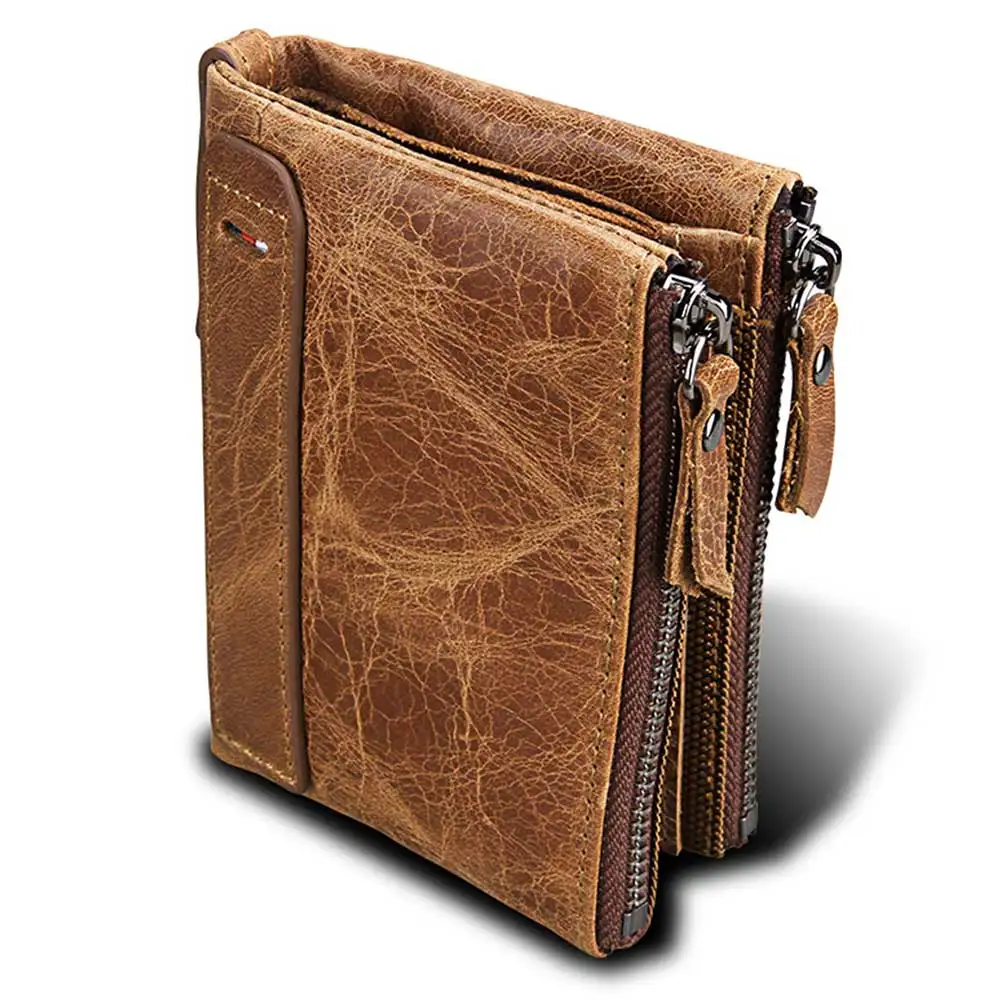 

Hot Crazy Horse Genuine Leather Wallet Male Coin Purse Men Wallets Credit Business Card Holders Double Zipper Carteira Masculina