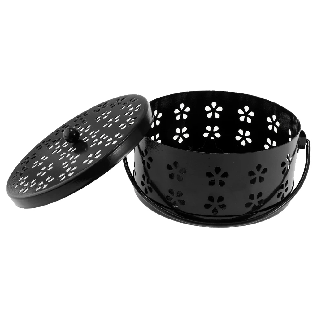 Retro Hollow Out Mosquito Coil Holder Handle Box for Teahouse Home Black