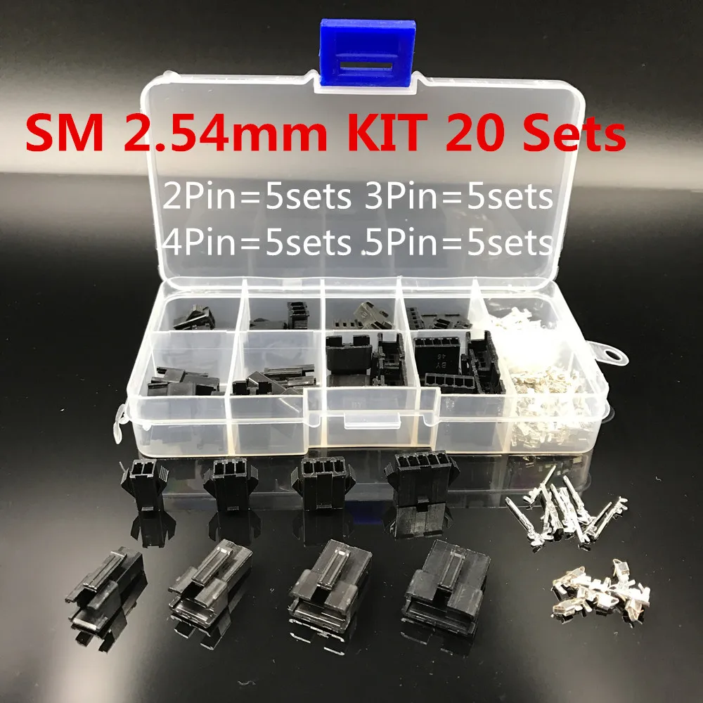 

New Arrivals Boxed SM2.54 Kits 20 sets Kit in box 2p 3p 4p 5p 2.54mm Pitch Female and Male Header Connectors Adaptor #004