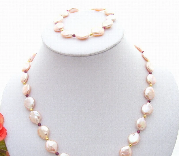 

Wholesale fast SHIPPING >>>>N0704049 Pink Coin Pearl&Garnet Necklace&Bracelet-Set
