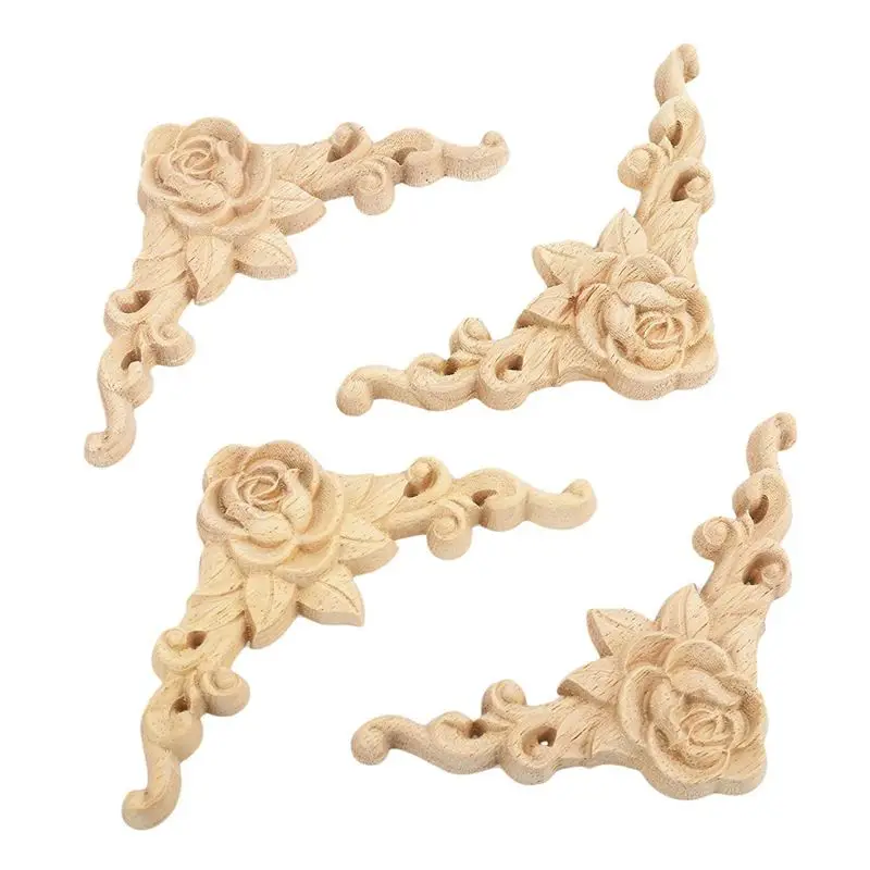 

10PCS Floral Wood Carved Decal Corner Applique Decorate Frame Wooden Figurines Cabinet Decorative Crafts