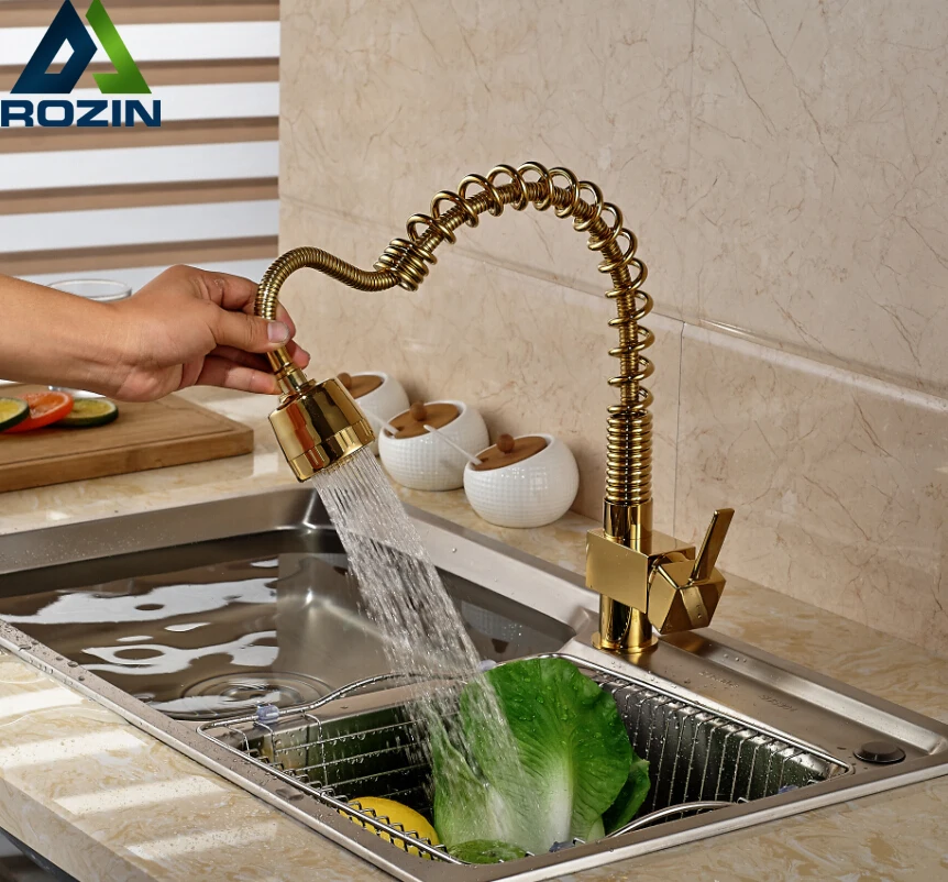

2016 New Style Spring Kitchen Sink Mixer Taps One Handle Pull Out Cold Hot Water Faucet Golden
