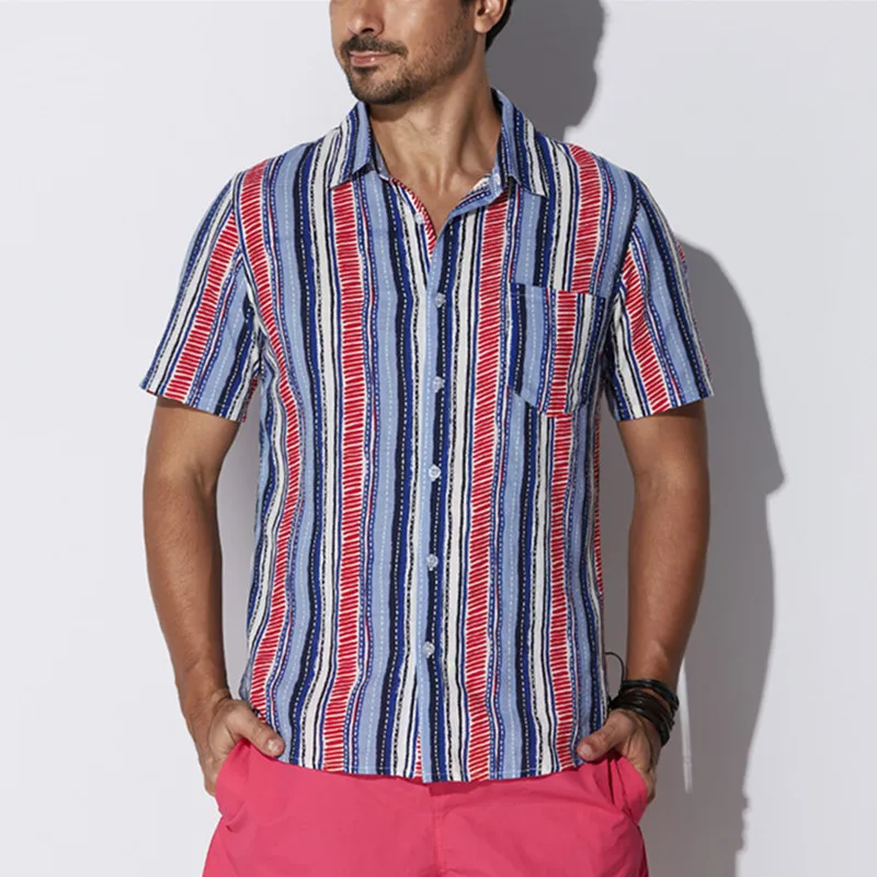 Nepal Boho 5XL Men's Shirts Short Sleeve Dress Shirt Striped Cotton Shirt Loose Turn Down Collar Hombre Camisa Hawaiian Clothes