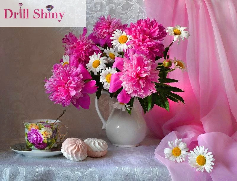 

New 5D DIY Diamond Embroidery pink Chrysanthemum Vase Painting Mosaic Square Rhinestone Cross Stitch Home Decro