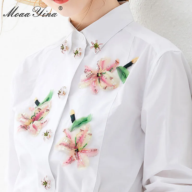 MoaaYina Высококачественная Модная хлопковая блузка летняя Женская Аппликация лилии бисером блесток белая элегантная хлопковая рубашка