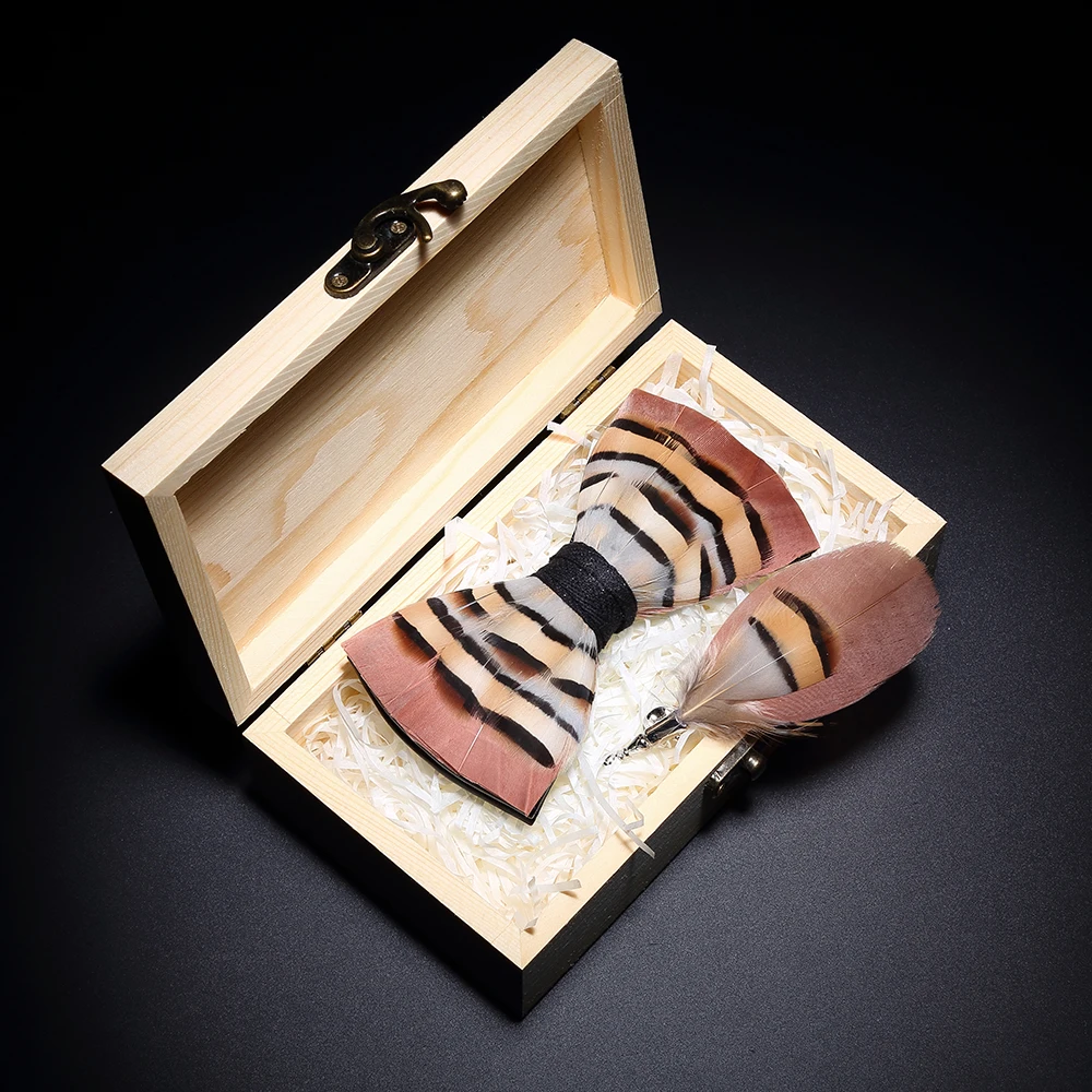 

JEMYGINS 2019 original design men's bow tie pink feather bow artificial leather bow tie brooch wooden box wedding party gift