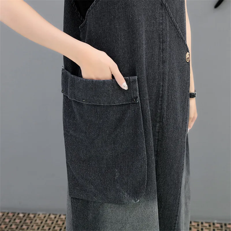 Denim Strap dress for women 2018 spring summer Big pocket Sleeveless jeans dress large size Young girl Loose dress IOQRCJV H462