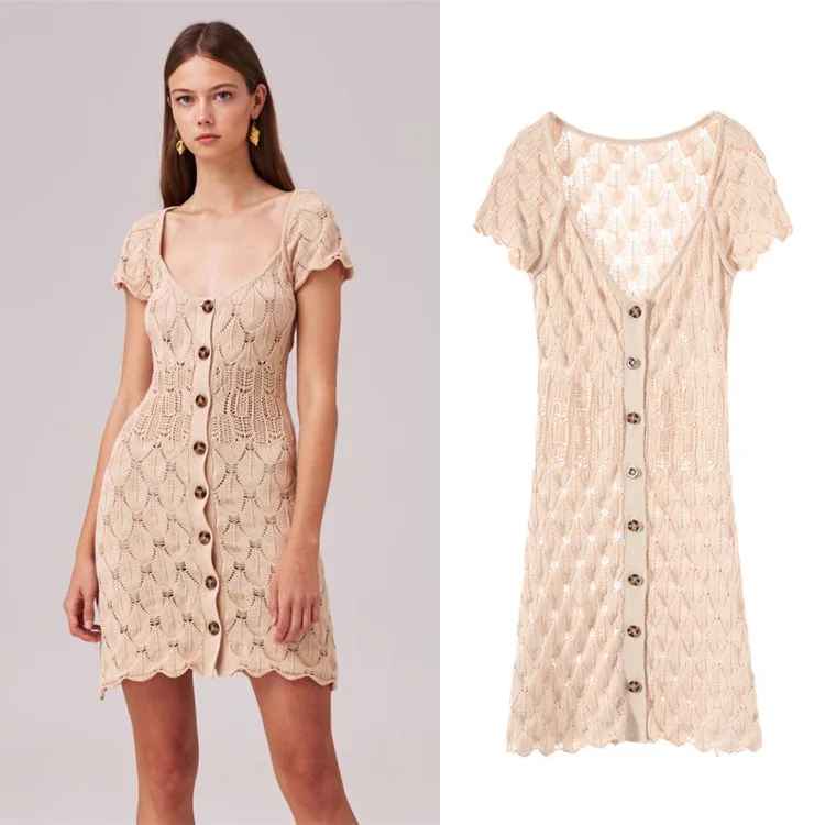 

New party dress hook apricot flower hollow out SA0616 buttons of cultivate morality short sleeve dress