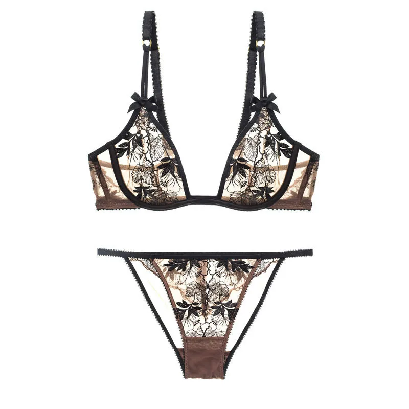 

Floral Embroidery Sexy Lingerie Lace Female Intimates Ultrathin Deep U Cup Women Fashion Bra Set Transparent Bras and Thong Set
