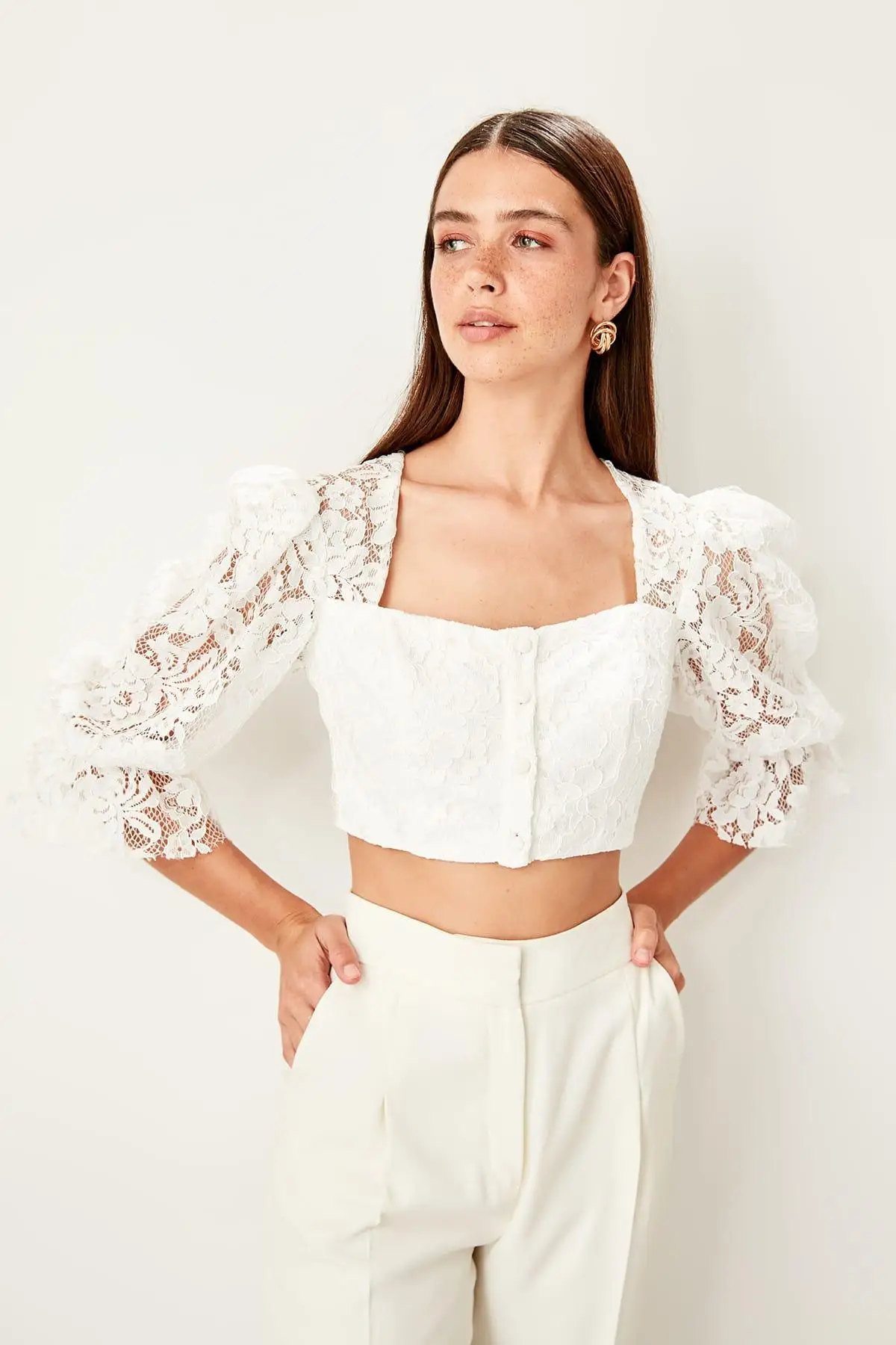 Trendyol Экрю Кружева Bluz TPRSS19BB0528 |