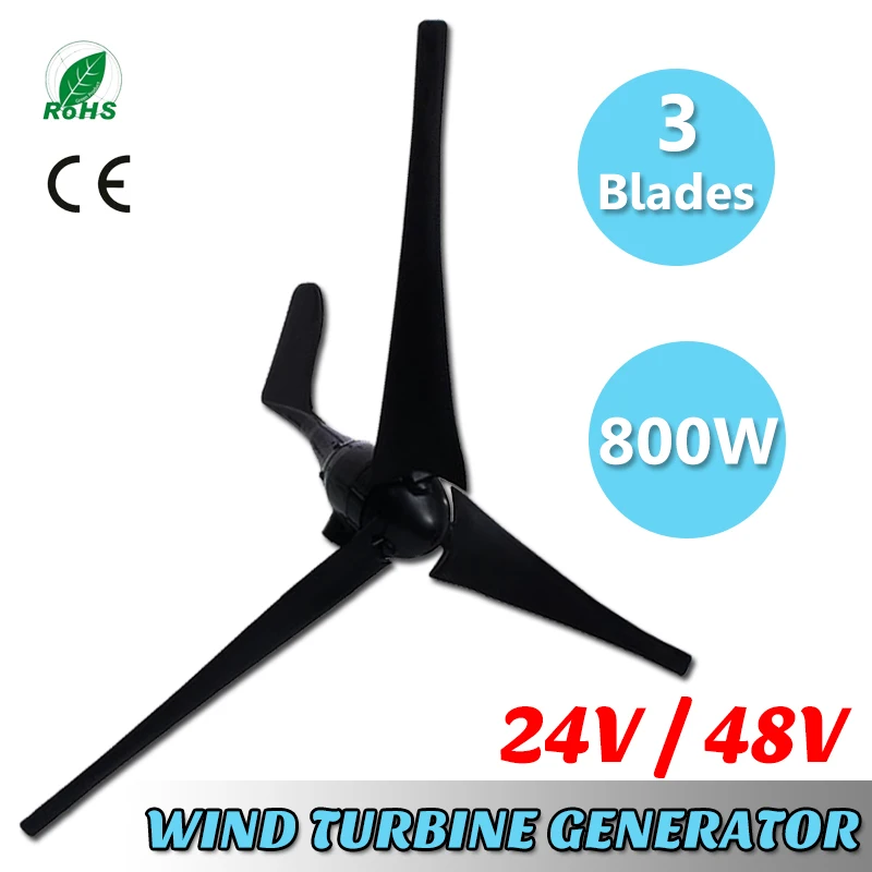 

800W 24 V Volt 3 Nylon Fiber Blades Horizontal Wind Turbines Generator Power Windmill Energy Charger Kit Home Black Tool