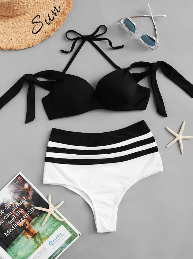 

Bikinis 2019 Black white Patchwork swimwear high waist swimsuit women micro bikini push up solid biquini swimming suit for women