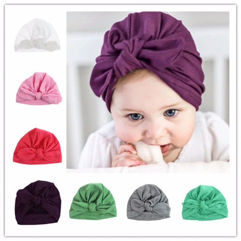 Solid Girls Hats Cotton Infant Caps Elastic Boys Beanies Rabbit Ear Headwear Hot Knot Toddler Hat 0-6 Months Baby Accessories (10)