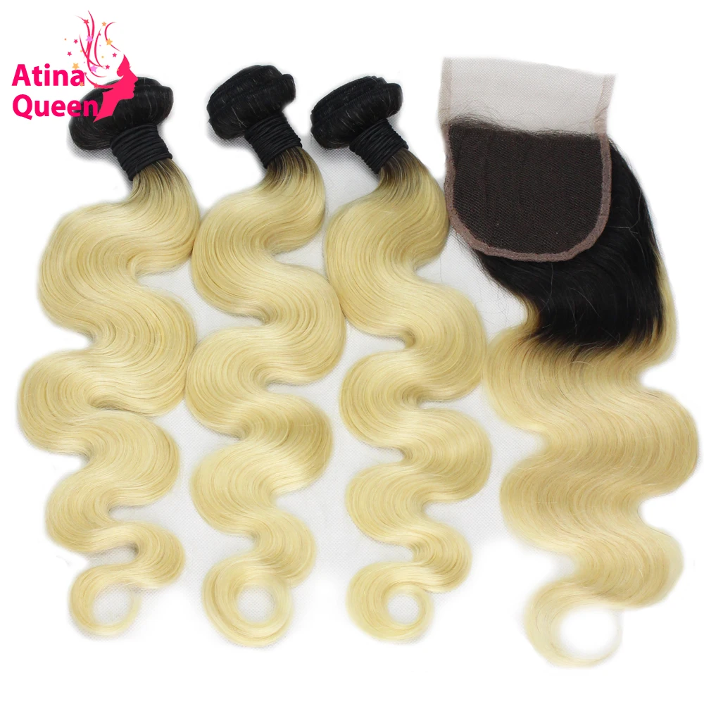 Body Wave 1B 613 Ombre Human Hair Weave 4x4 Lace Closure with Bundles Dark Roots Blonde Hair non Remy Atina Queen Hair Products body-wave