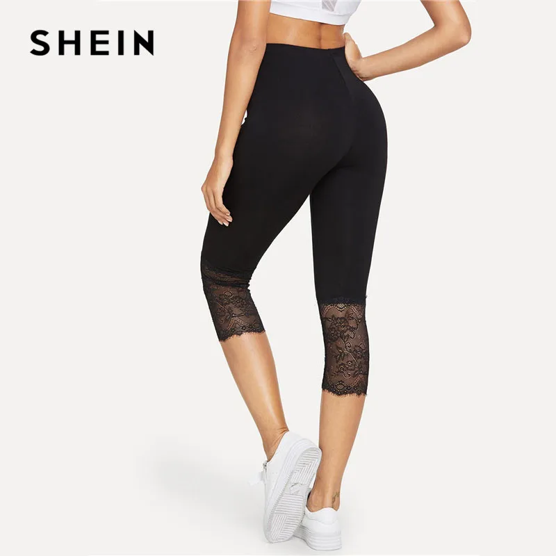 SHEIN رمش الدانتيل تقليم قصيرة كمال الاجسام بناطيل سوداء منتصف الخصر عارضة الصيف الربيع Soild النساء اللياقة البدنية طماق السراويل