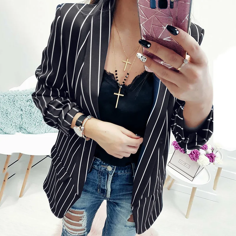  Women Striped Blazers And Jackets 2018 New Autumn Fashion Single Button Blazer Femenino Ladies Solid Long Style  Blazer Female