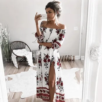 

Boho Style Summer Long Dress Women Off Shoulder Maxi Dress White Floral Print Beach White Chiffon Dresses Vestidos de fiesta XXL