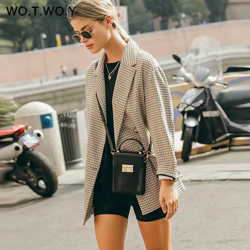 WOTWOY Double Breasted Plaid Blazer Women Khaki Pocket Long Sleeve Office Ladies Blazer Autumn Jacket Female Outerwear Coats