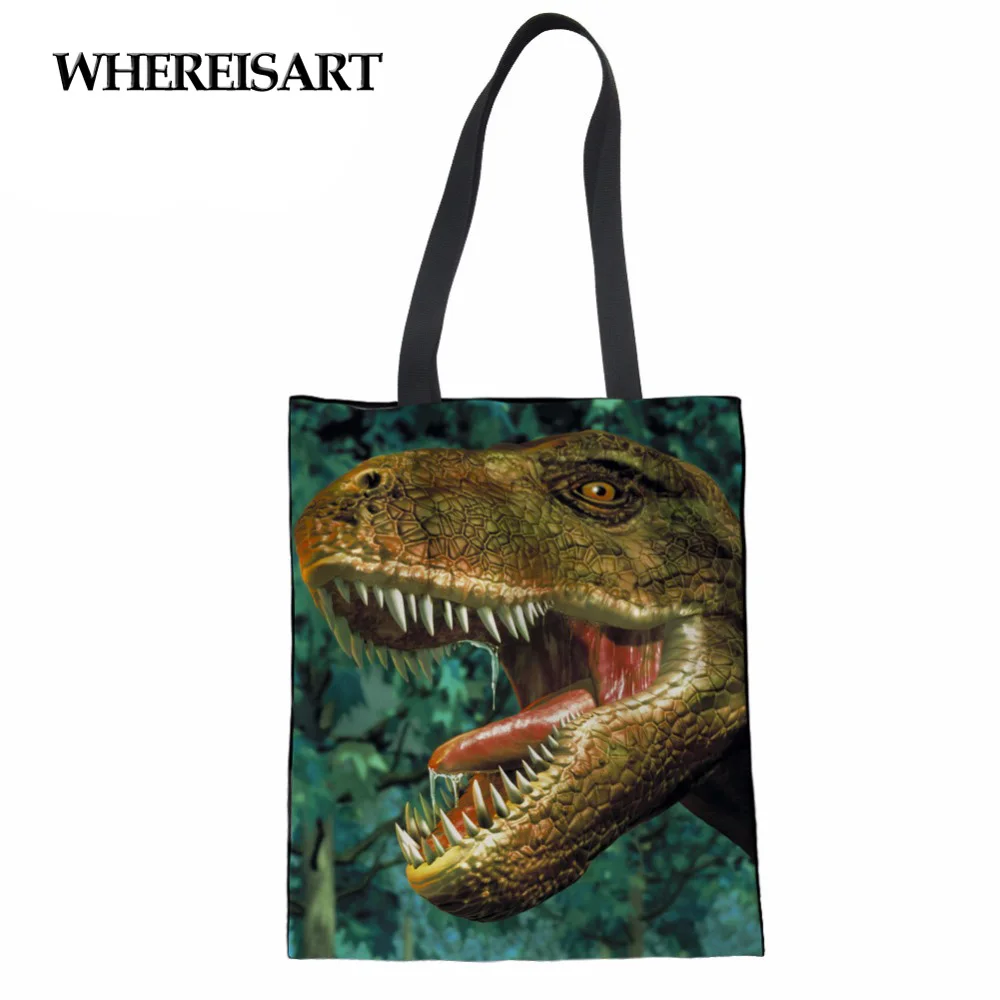

WHEREISART Shopping Bags owl Dinosaur Print Grocery Reusable Cotton Bag Women Handbags Canvas Tote bags Eco Foldable Bagpack