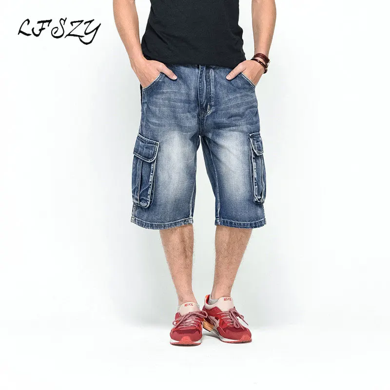 

Jeans Men 2019 Summer Modis Multi-Pocket Men's Blue Denim Shorts Streetwear Loose Large Size Straight Denim Shorts Size 30-46