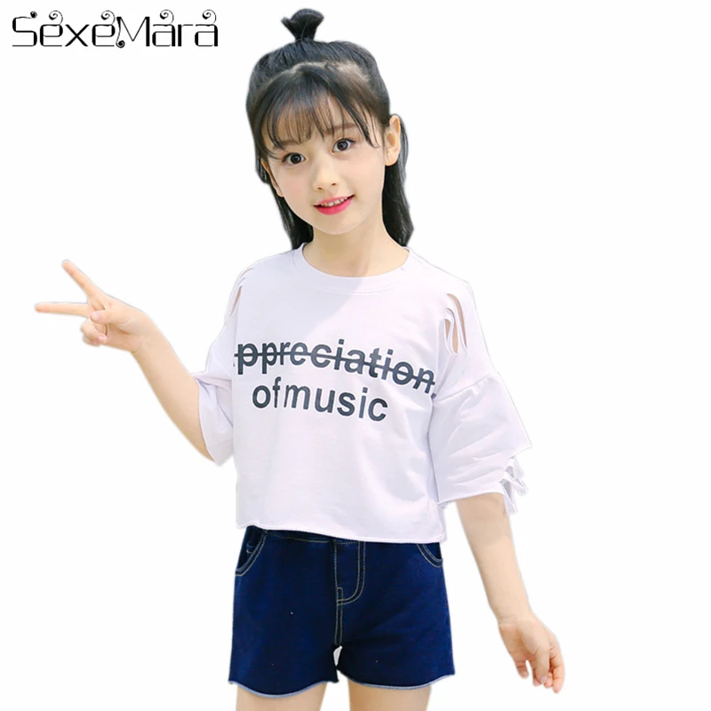 

2018 New Female Children Set Fashion Summer Girls 2Pcs/Sets White Letter Short Sleeve T-Shirt + Denim Shorts Kids Costume Suits