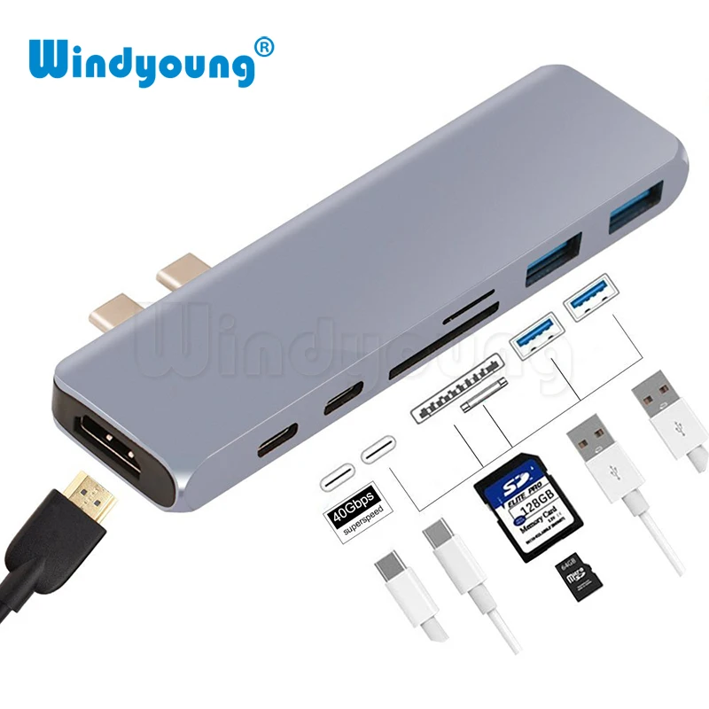 7 в 1 с двойным USB 3,1 Тип C концентратор с 4 к HDMI Thunderbolt 3 Тип C зарядка PD адаптер SD/TF Card Reader USB 3,0 концентратор для MacBook