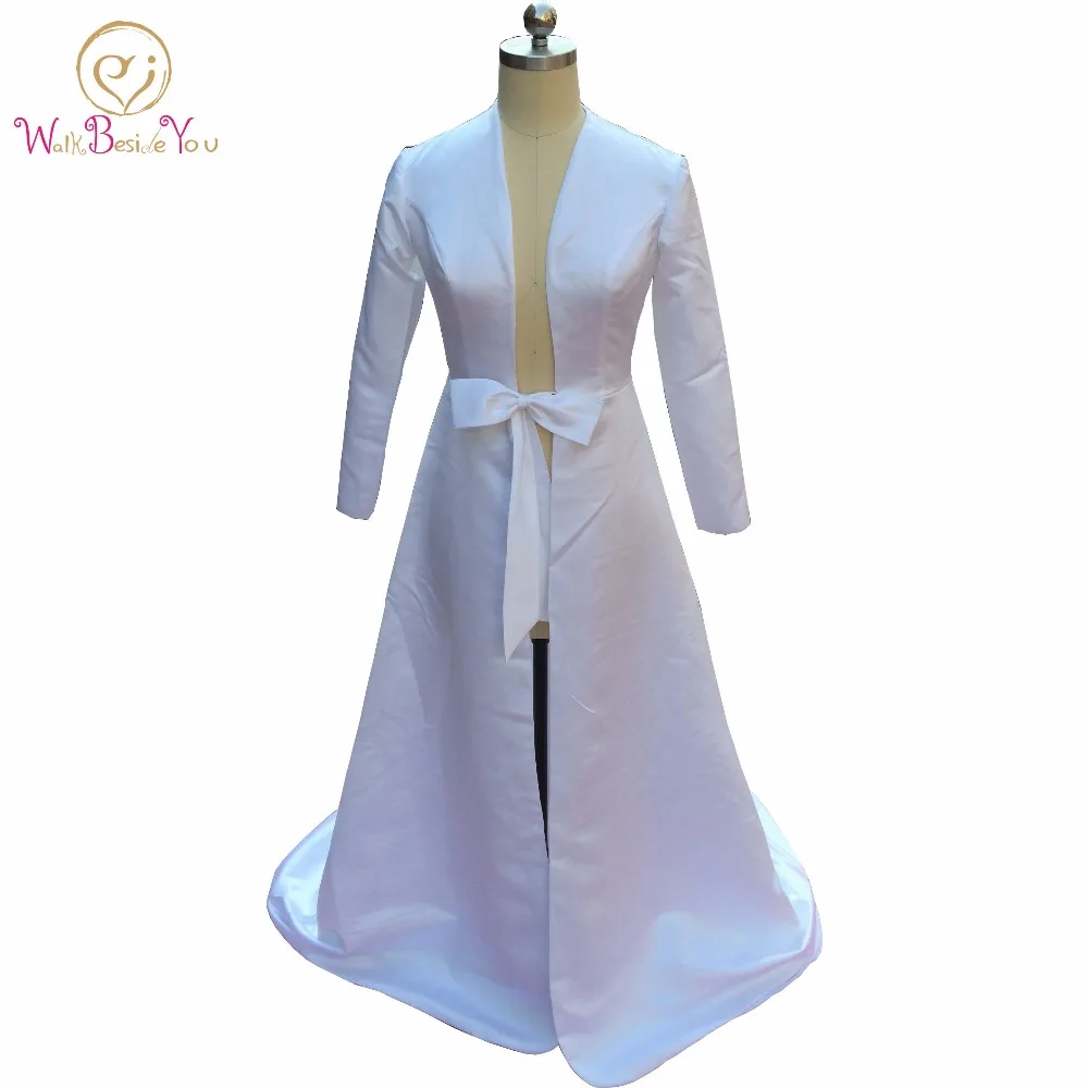 White Wedding Coat Shawl Long Sleeves Satin with Bow Sweep Train Long