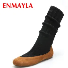 ENMAYLA Новинка обувь черного цвета Дамские нескользкие повседневные весенне-осенние ботиночки на плоской подошве до середины икры стильная обувь Размер 34–39