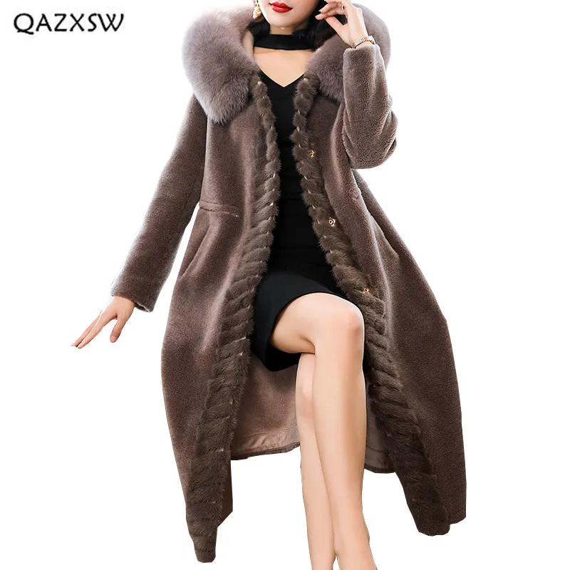 QAZXSW овечья стриженная куртка женская одежда 2018 зима лисий мех воротник с