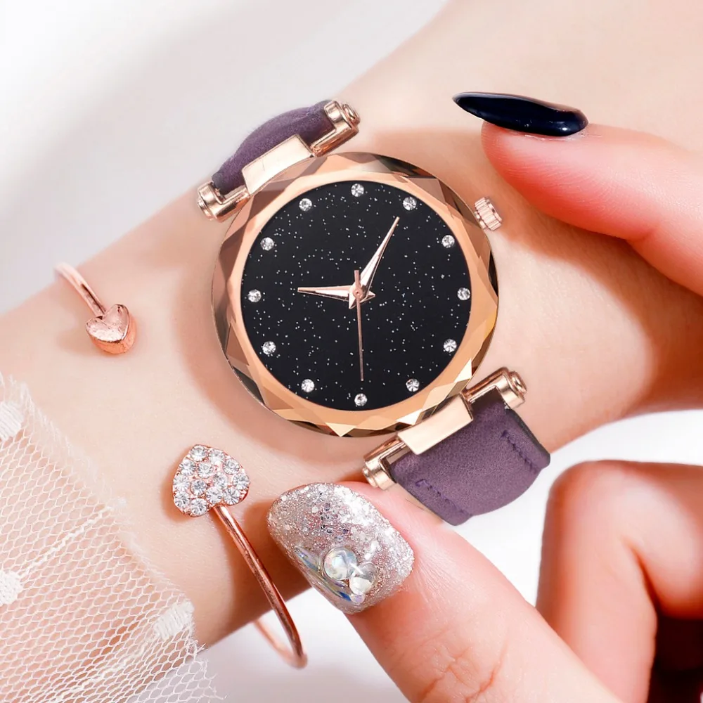 Топ часы женские модные часы ремешок для часов PU браслет Femme Montre звездное небо платье стразы женские Zegarek Damski