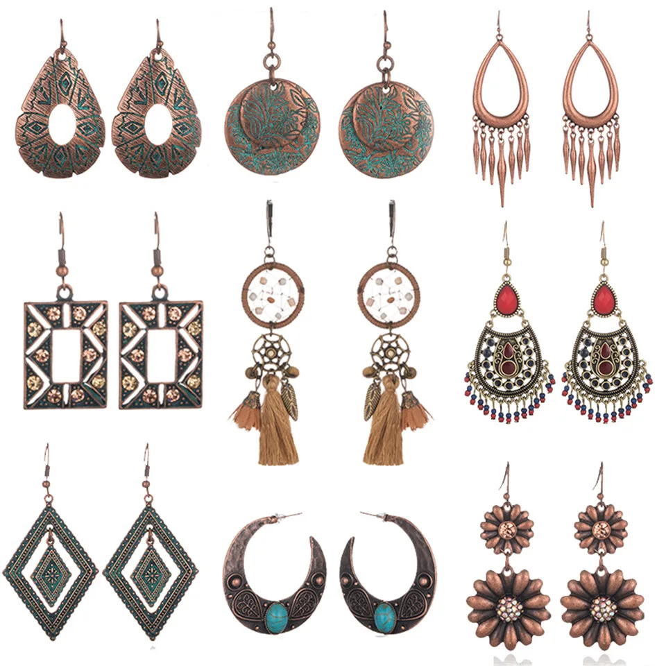 Multi Bohemian Ethnic Vintage Drop Earrings For Women Hanging Dangling Ladies Antique Alloy Moon Tassel Ear Jewelry Accessories