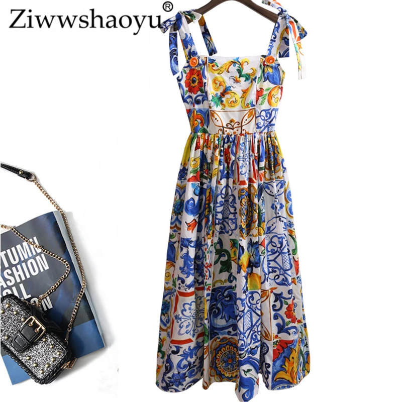 Ziwwshaoyu, Европейское дизайнерское летнее Хлопковое платье, женское высококачественное модное платье с принтом майолики, на бретельках, до середины икры, Vestido