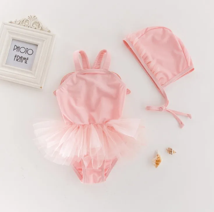 

New Arrival Lovely Angel Wings Ribbon Swimwear/Children One Piece Swimwear with Cap/Baby Girl Swimsuit 3157