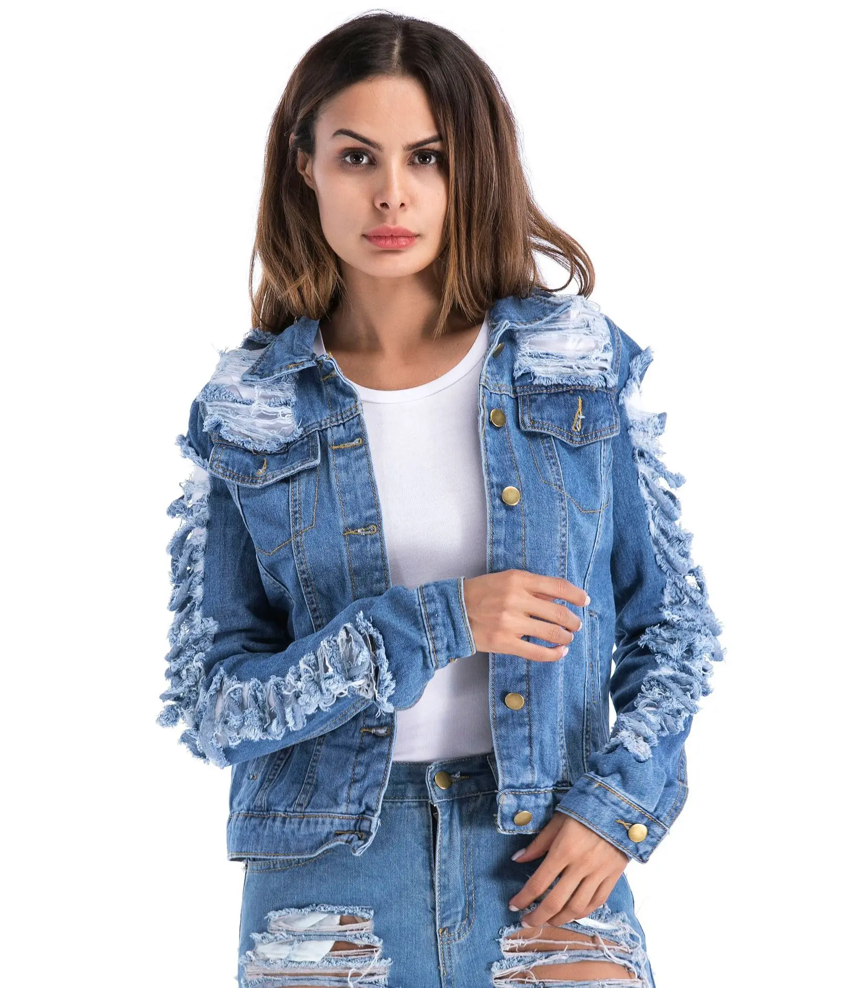 Женское базовое пальто, весенняя и осенняя джинсовая куртка s для девушек,, с дырками, длинный рукав, свободная женская джинсовая куртка размера плюс - Цвет: Синий