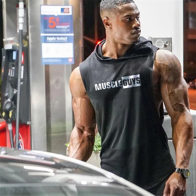 Muscleboys roupas de academia musculação stringer camiseta com capuz  músculo fitness masculina camisa com letras impressas de algodão tops -  AliExpress