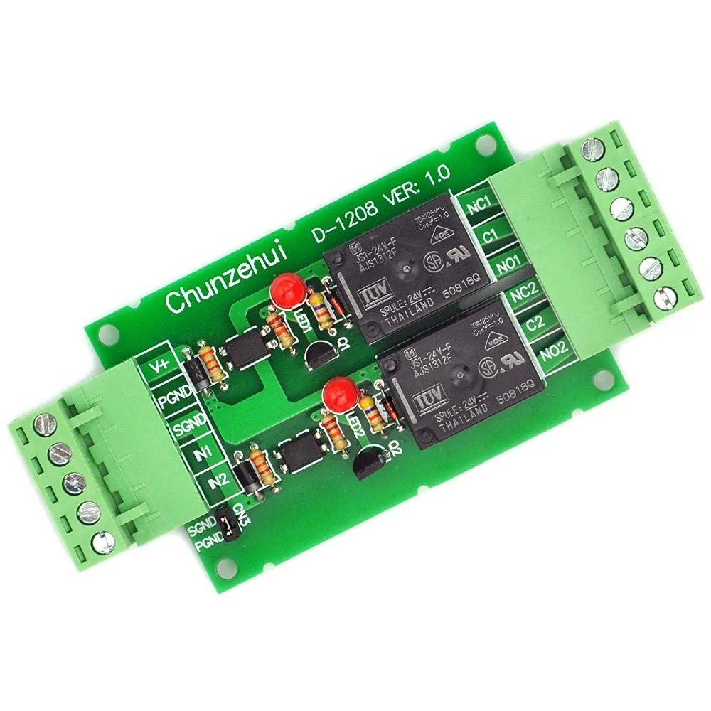 

Electronics-Salon DC 24V Two Channel 10Amp Opto-Isolated Power Relay Module Board, Pluggable Terminal Block.